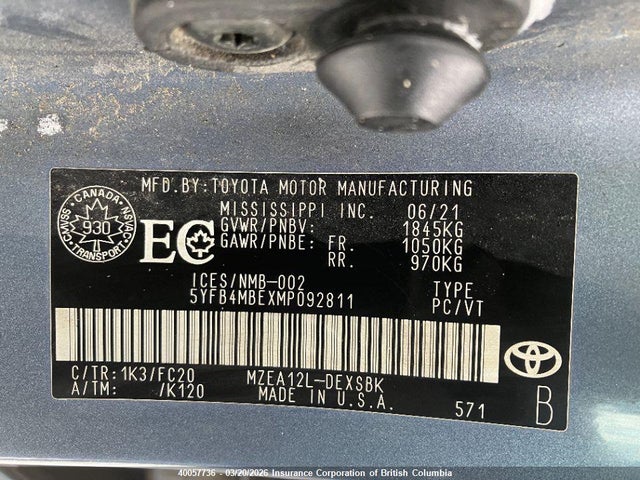 40057736 :رقم المزاد ، 5YFB4MBEXMP092811 vin ، 2021 Toyota Corolla Se مزاد بيع