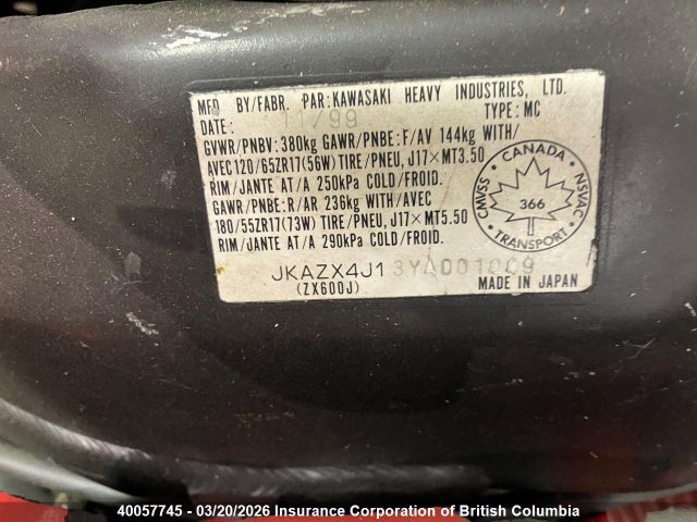 2000 Kawasaki Zx600 J1 მანქანა იყიდება აუქციონზე, vin: JKAZX4J13YA001449, აუქციონის ნომერი: 40057745
