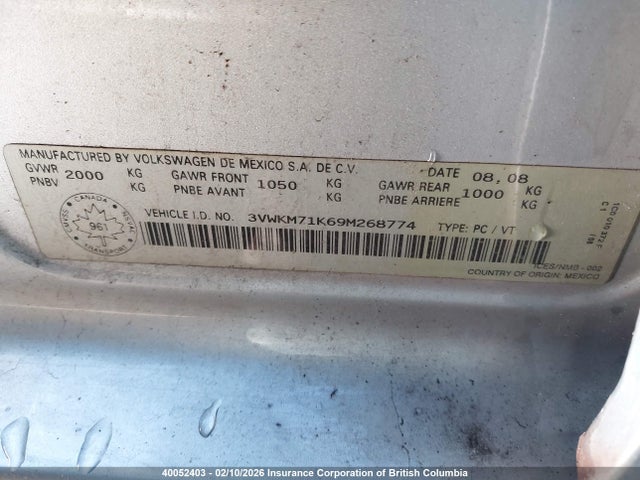 40052403 :رقم المزاد ، 3VWKM71K69M268774 vin ، 2009 Volkswagen Jetta S مزاد بيع
