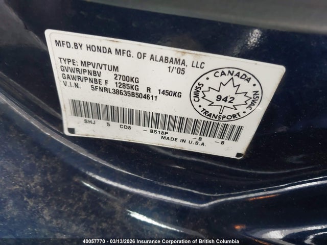 40057770 :رقم المزاد ، 5FNRL38635B504611 vin ، 2005 Honda Odyssey Ex-l مزاد بيع