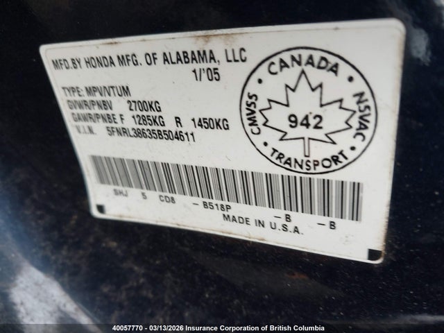 40057770 :رقم المزاد ، 5FNRL38635B504611 vin ، 2005 Honda Odyssey Ex-l مزاد بيع
