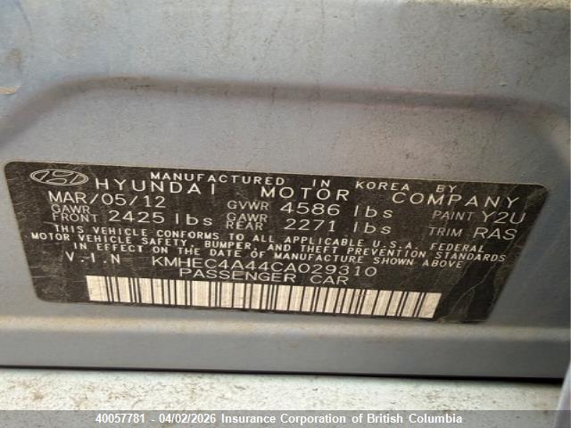 40057781 :رقم المزاد ، KMHEC4A44CA029310 vin ، 2012 Hyundai Sonata Hybrid مزاد بيع