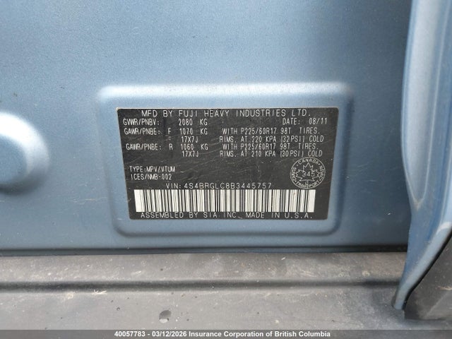 Aukcja sprzedaży 2011 Subaru Outback 2.5i Limited, vin: 4S4BRGLC8B3445757, numer aukcji: 40057783