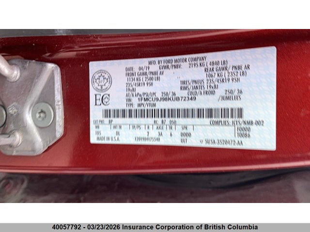 Aukcja sprzedaży 2019 Ford Escape Titanium, vin: 1FMCU9J98KUB72349, numer aukcji: 40057792