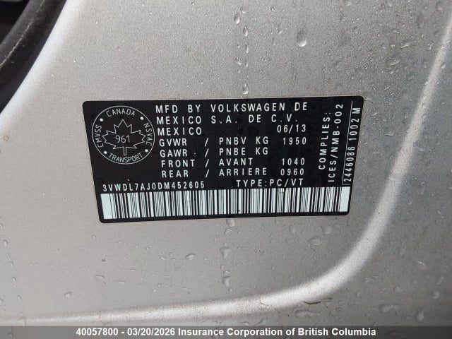 40057800 :رقم المزاد ، 3VWDL7AJ0DM452605 vin ، 2013 Volkswagen Jetta مزاد بيع