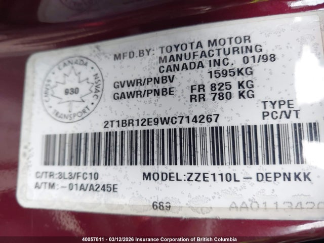 40057811 :رقم المزاد ، 2T1BR12E9WC714267 vin ، 1998 Toyota Corolla Ve/ce/le مزاد بيع