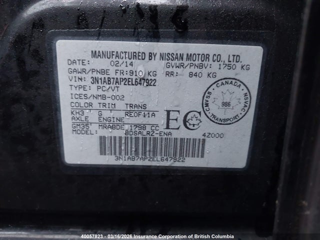 Aukcja sprzedaży 2014 Nissan Sentra 1.8 S/1.8 Sl/1.8 Sr/1.8 Sv, vin: 3N1AB7AP2EL647922, numer aukcji: 40057823