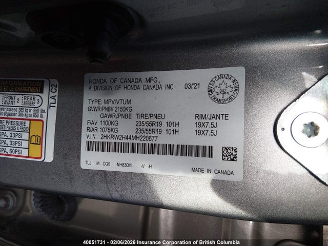 2HKRW2H44MH220677 Honda Cr-v Sport