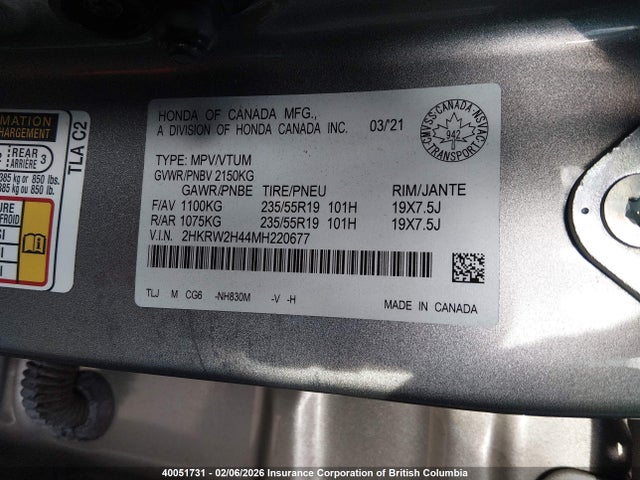 2HKRW2H44MH220677 Honda Cr-v Sport