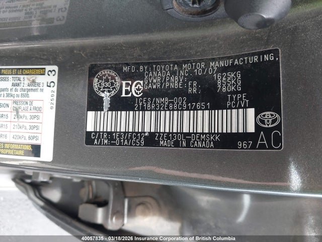 40057835 :رقم المزاد ، 2T1BR32E88C917651 vin ، 2008 Toyota Corolla Ce/le/s مزاد بيع