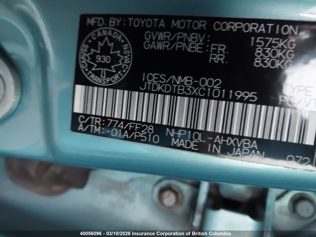 40056096 :رقم المزاد ، JTDKDTB3XC1011995 vin ، 2012 Toyota Prius C مزاد بيع