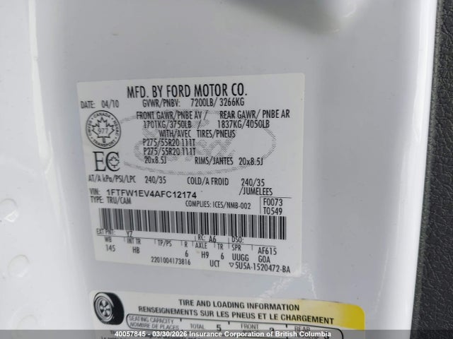 Aukcja sprzedaży 2010 Ford F150, vin: 1FTFW1EV4AFC12174, numer aukcji: 40057845