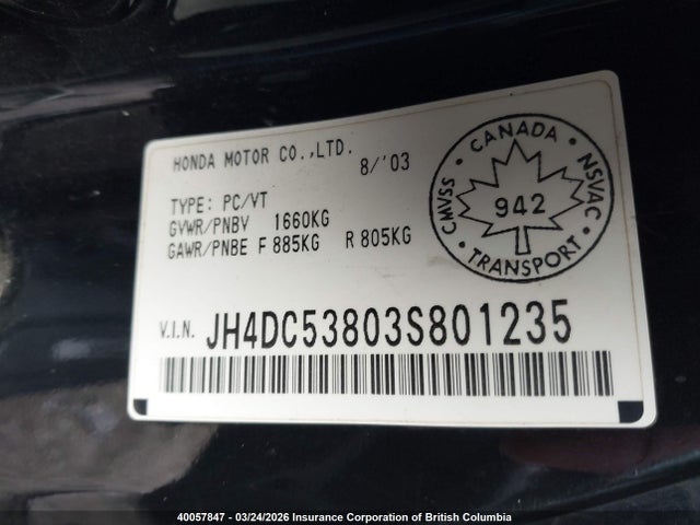 Aukcja sprzedaży 2003 Acura Rsx, vin: JH4DC53803S801235, numer aukcji: 40057847