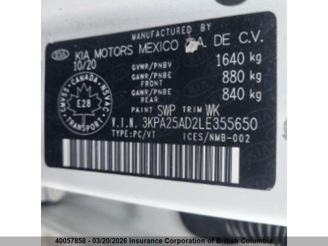 3KPA25AD2LE355650 KIA Rio