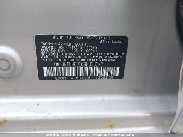 Продаж на аукціоні авто 2009 Subaru Impreza 2.5i, vin: JF1GH62669H808272, номер лоту: 40057866