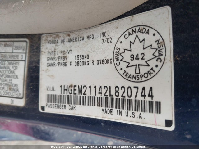 Aukcja sprzedaży 2002 Honda Civic, vin: 1HGEM21142L820744, numer aukcji: 40057871