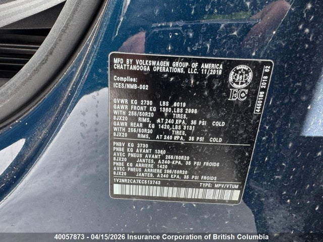 40057873 :رقم المزاد ، 1V2NR2CA7KC513743 vin ، 2019 Volkswagen Atlas مزاد بيع