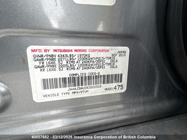 40057882 :رقم المزاد ، JA4AJ3AU0BZ600529 vin ، 2011 Mitsubishi Rvr مزاد بيع