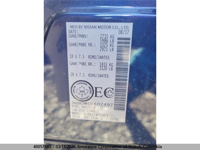 5N1DR2MM3JC602497 Nissan Pathfinder S/sv/sl/platinum