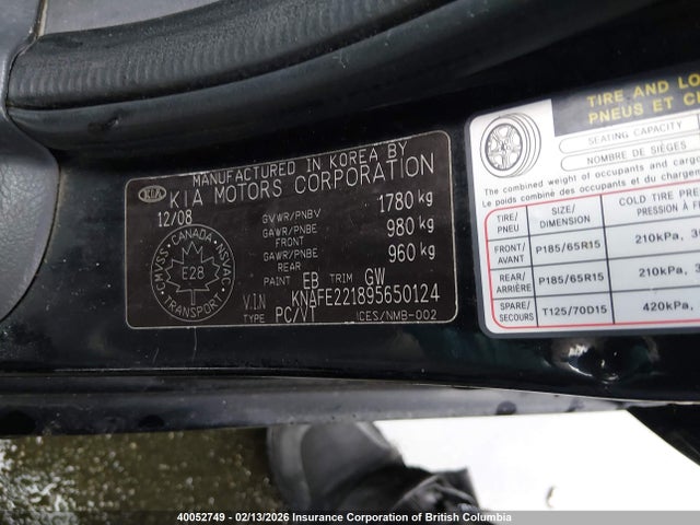 Aukcja sprzedaży 2009 Kia Spectra Ex/lx/sx, vin: KNAFE221895650124, numer aukcji: 40052749