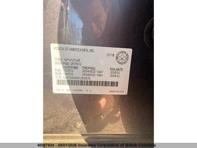 5J8YD4H00KL800576 Acura MDX