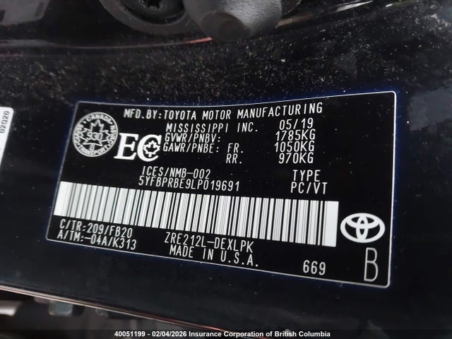 Toyota COROLLA LE 2020 5YFBPRBE9LP019691 Image 9