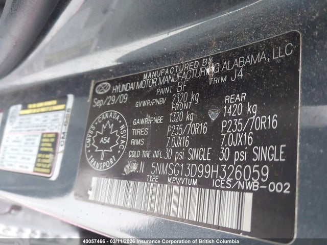 Aukcja sprzedaży 2009 Hyundai Santa Fe Gls, vin: 5NMSG13D99H326059, numer aukcji: 40057466