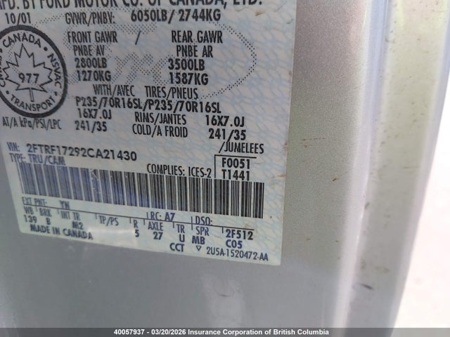 40057937 :رقم المزاد ، 2FTRF17292CA21430 vin ، 2002 Ford F150 مزاد بيع