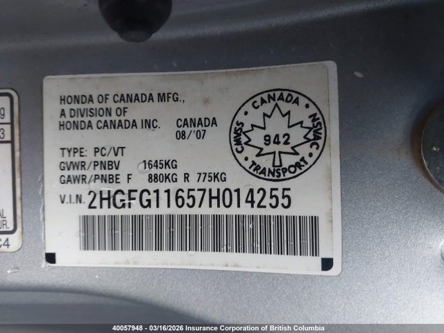 Aukcja sprzedaży 2007 Honda Civic, vin: 2HGFG11657H014255, numer aukcji: 40057948
