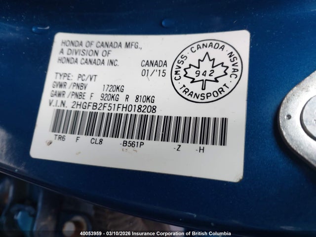 40053959 :رقم المزاد ، 2HGFB2F51FH018208 vin ، 2015 Honda Civic Lx مزاد بيع