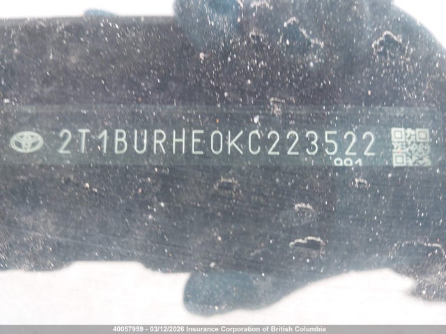 40057959 :رقم المزاد ، 2T1BURHE0KC223522 vin ، 2019 Toyota Corolla Le مزاد بيع