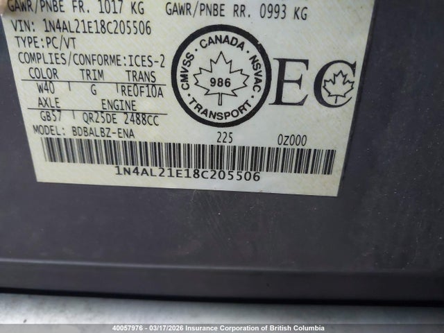 40057976 :رقم المزاد ، 1N4AL21E18C205506 vin ، 2008 Nissan Altima 2.5/2.5s مزاد بيع