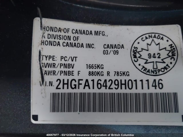 Aukcja sprzedaży 2009 Honda Civic, vin: 2HGFA16429H011146, numer aukcji: 40057977