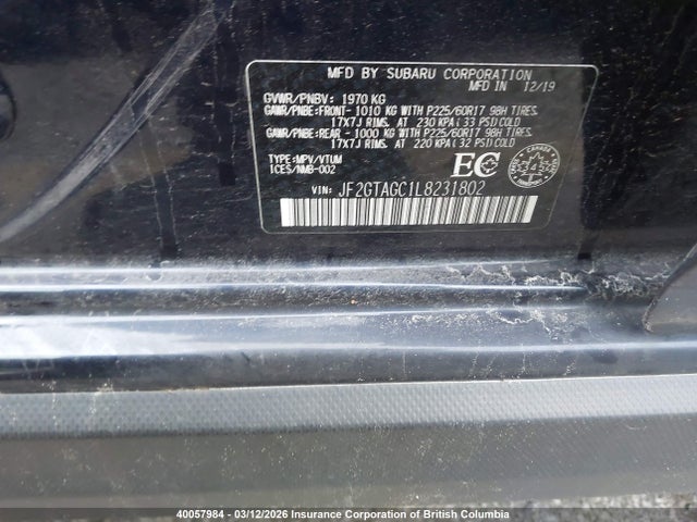 Aukcja sprzedaży 2020 Subaru Crosstrek Premium, vin: JF2GTAGC1L8231802, numer aukcji: 40057984