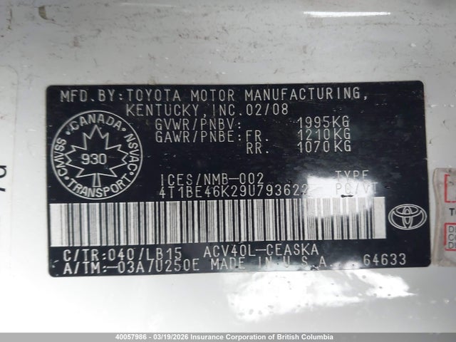 Продажа на аукционе авто 2009 Toyota Camry, vin: 4T1BE46K29U793622, номер лота: 40057986