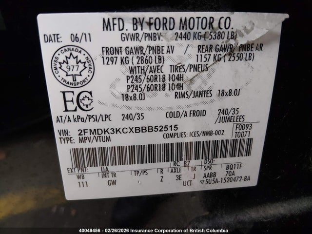 Продажа на аукционе авто 2011 Ford Edge Limited, vin: 2FMDK3KCXBBB52515, номер лота: 40049456