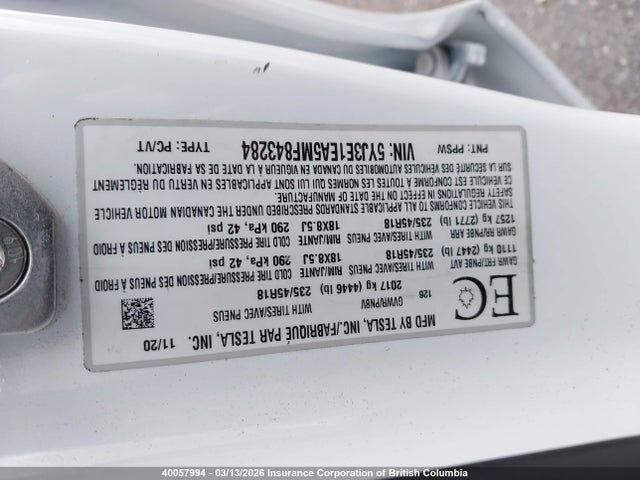 Aukcja sprzedaży 2021 Tesla Model 3, vin: 5YJ3E1EA5MF843284, numer aukcji: 40057994