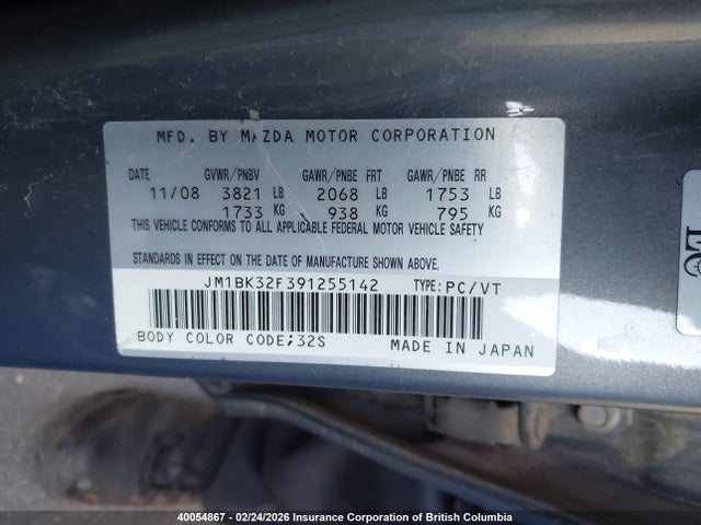 40054867 :رقم المزاد ، JM1BK32F391255142 vin ، 2009 Mazda 3 I مزاد بيع