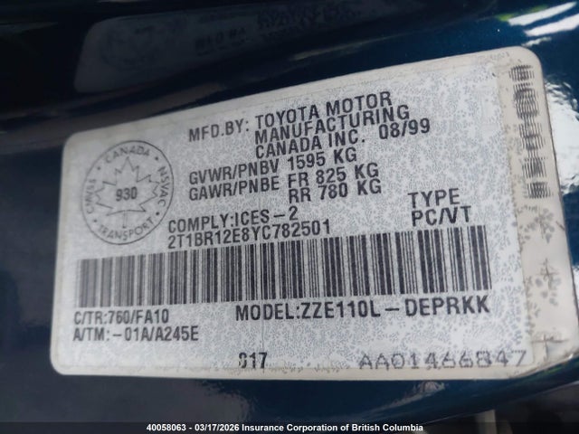 40058063 :رقم المزاد ، 2T1BR12E8YC782501 vin ، 2000 Toyota Corolla Ve/ce/le مزاد بيع