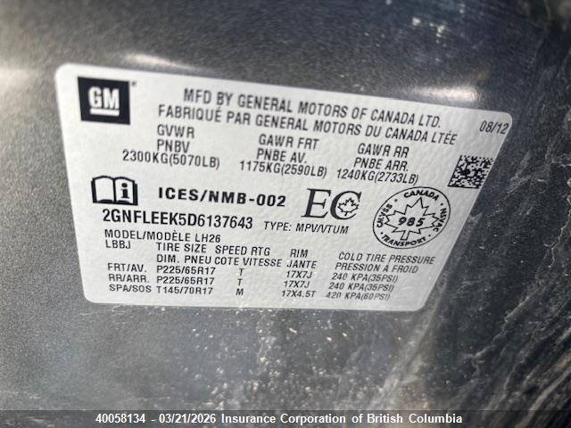 Продаж на аукціоні авто 2013 Chevrolet Equinox Lt, vin: 2GNFLEEK5D6137643, номер лоту: 40058134