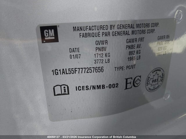 40058137 :رقم المزاد ، 1G1AL55F777257656 vin ، 2007 Chevrolet Cobalt Lt مزاد بيع