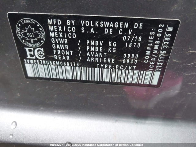 Aukcja sprzedaży 2019 Volkswagen Jetta Sel, vin: 3VWE57BU5KM068176, numer aukcji: 40052227