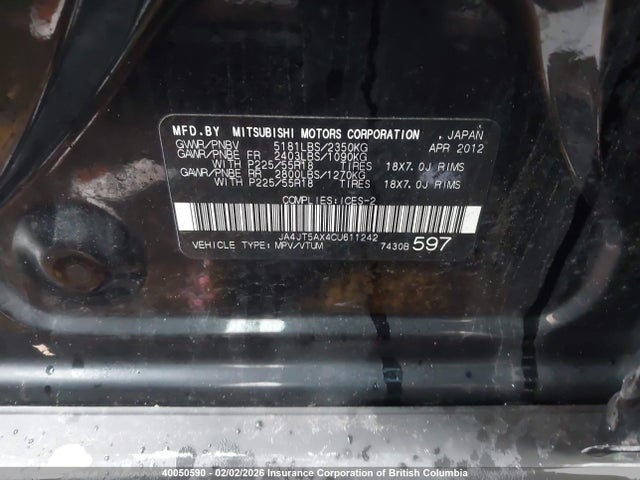 Aukcja sprzedaży 2012 Mitsubishi Outlander Gt, vin: JA4JT5AX4CU611242, numer aukcji: 40050590