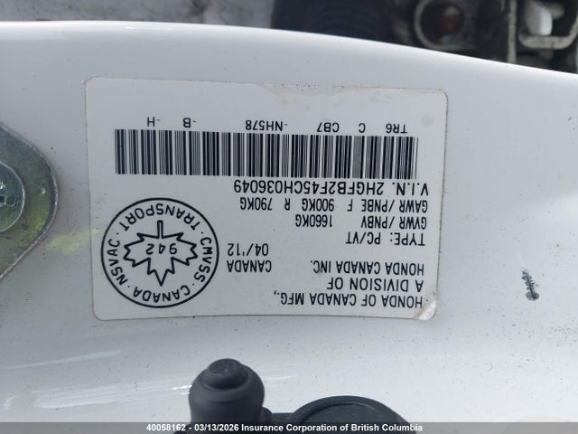 Aukcja sprzedaży 2012 Honda Civic, vin: 2HGFB2F45CH036049, numer aukcji: 40058162