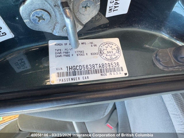 40058186 :رقم المزاد ، 1HGCD5638TA809536 vin ، 1996 Honda Accord Lx/ex مزاد بيع