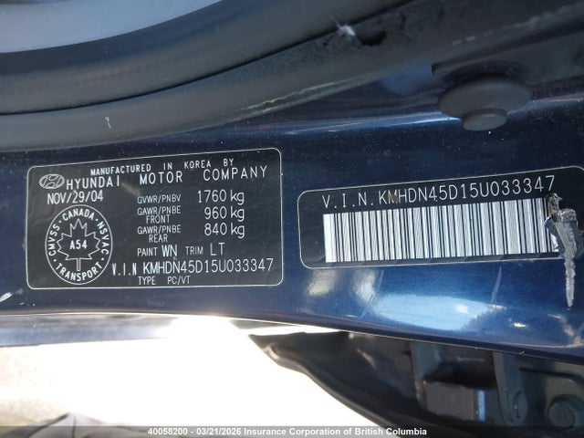 Aukcja sprzedaży 2005 Hyundai Elantra Gls/gt, vin: KMHDN45D15U033347, numer aukcji: 40058200