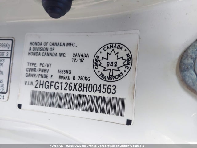 Продаж на аукціоні авто 2008 Honda Civic Lx, vin: 2HGFG126X8H004563, номер лоту: 40051722