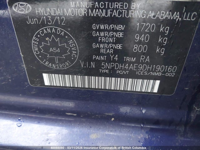 Продажа на аукционе авто 2013 Hyundai Elantra Gls/limited, vin: 5NPDH4AE9DH190160, номер лота: 40055080
