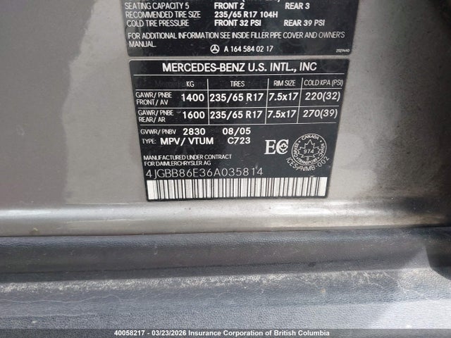 Auction sale of the 2006 Mercedes-benz Ml 350, vin: 4JGBB86E36A035814, lot number: 40058217