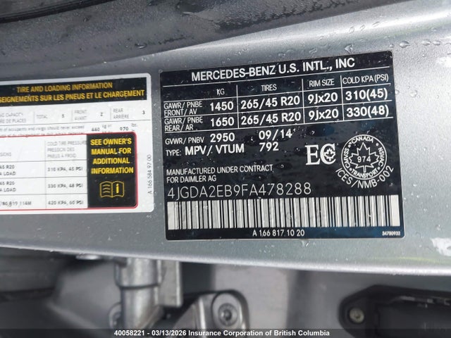 Продажа на аукционе авто 2015 Mercedes-benz Ml 350 Bluetec, vin: 4JGDA2EB9FA478288, номер лота: 40058221